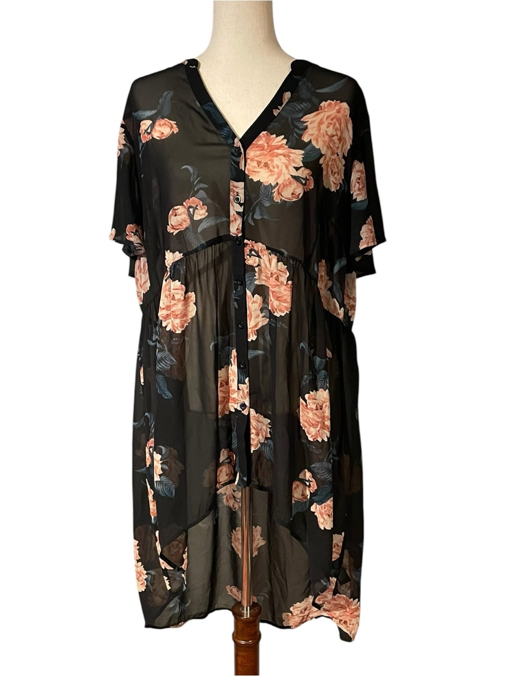 Torrid 2 Sheer Blouse Tunic Black‎ Pink Floral Top Sheer Shirt Lexie Babydoll 2X